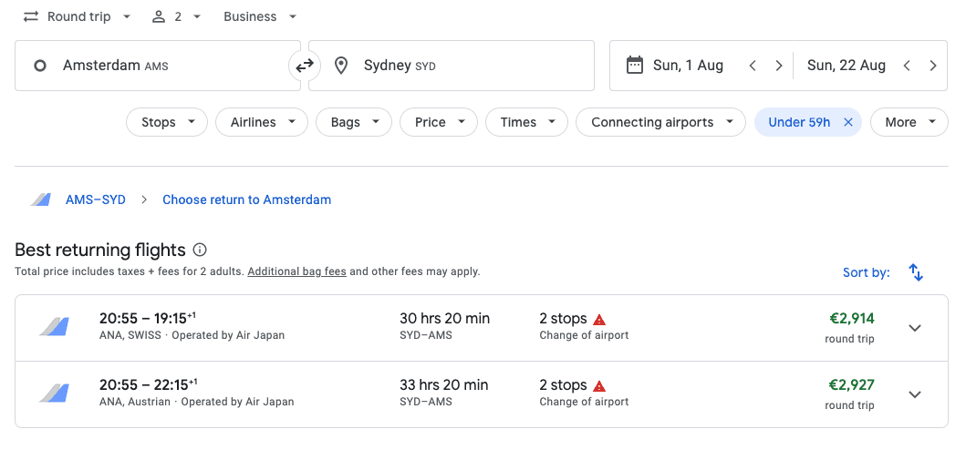 Two tickets in business to Australia for less than €3,000